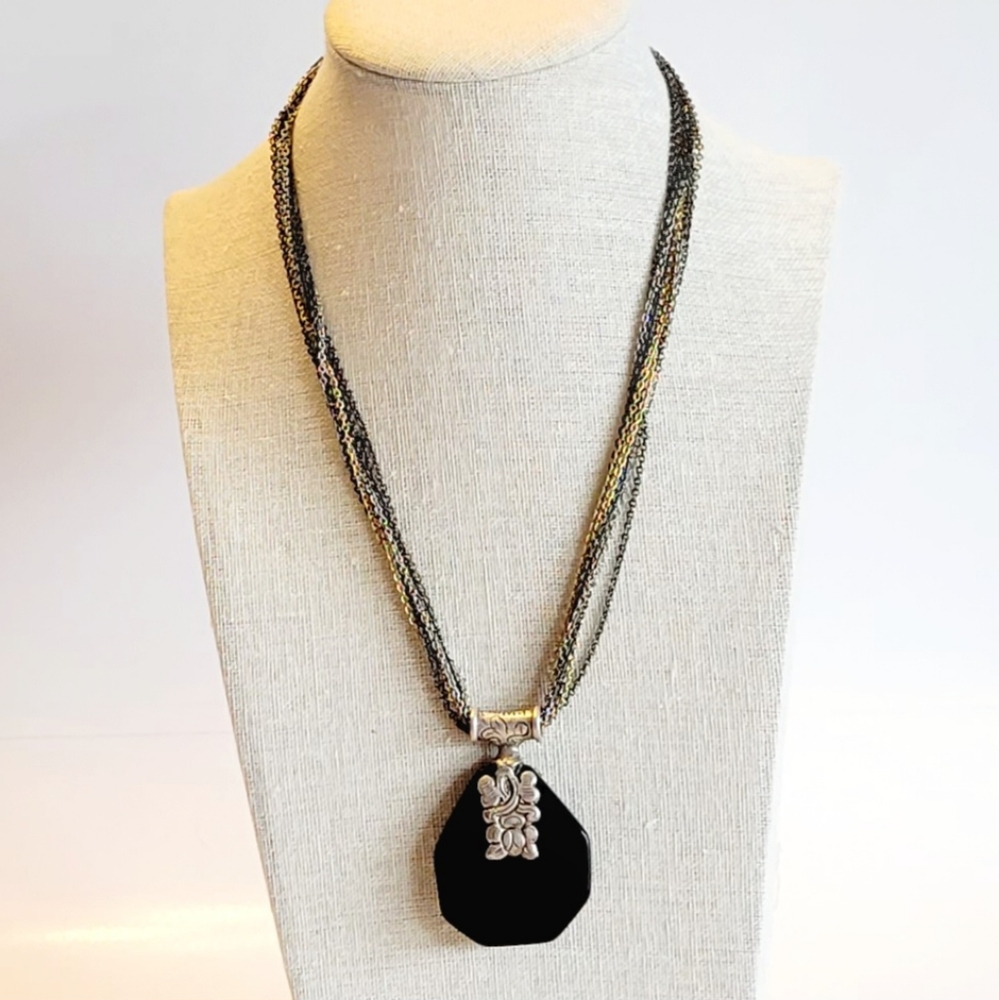 New Onyx Necklace, Multi-strand with Sterling Bale, Ethnic Boho Stunning